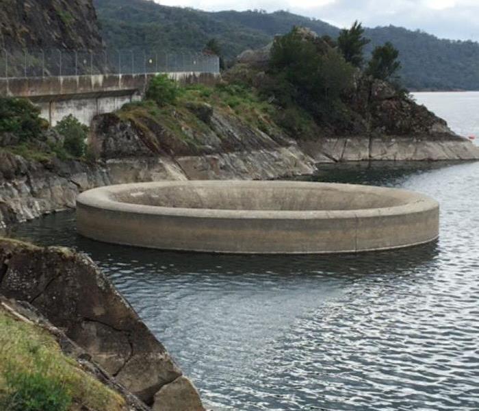 The Glory Hole is protruding out of the water at Lake Berryessa